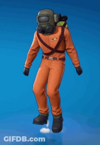 A Man Wearing An Orange Jumpsuit And A Gas Mask Is Dancing On A Blue Background GIF