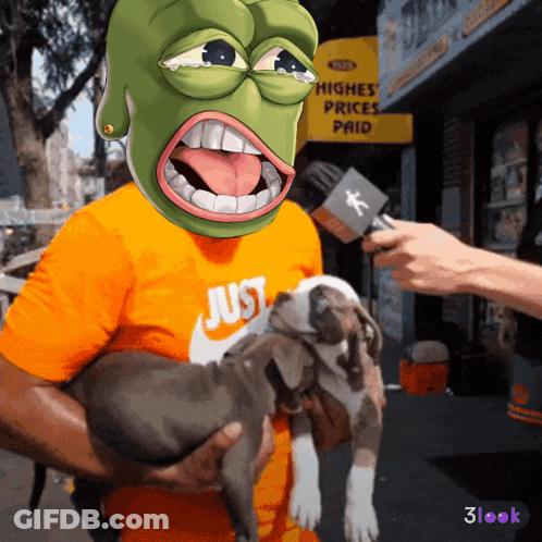 A Man Wearing An Orange Nike Shirt Is Holding A Dog GIF