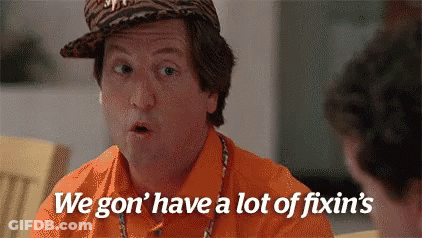 A Man Wearing An Orange Shirt And A Leopard Print Hat Says We Gon 'T Have A Lot Of Fixin 'S GIF