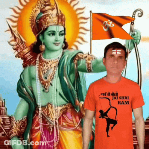 A Man Wearing An Orange Shirt With Jai Shri Ram On It GIF