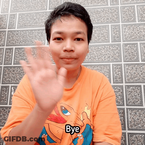 A Man Wearing An Orange Shirt With The Word Bye On It GIF