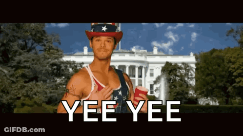 A Man Wearing An Uncle Sam Hat Is Holding A Red Cup And Says Yee Yee GIF