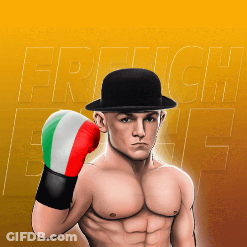 A Man Wearing Boxing Gloves And A Bowler Hat Stands In Front Of French Letters GIF
