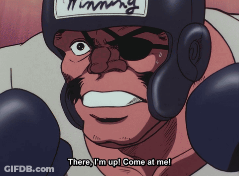 A Man Wearing Boxing Gloves And A Helmet Says " There I M Up Come At Me " GIF