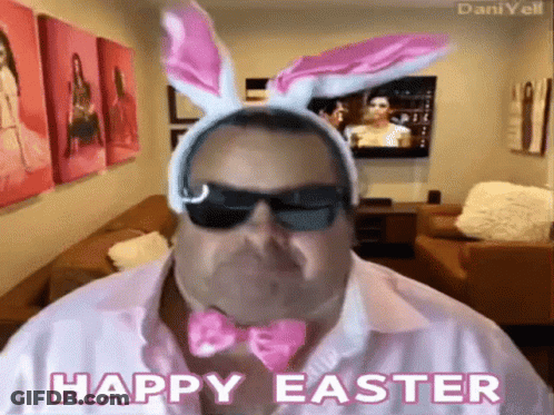 A Man Wearing Bunny Ears And A Pink Bow Tie Says " Happy Easter " GIF