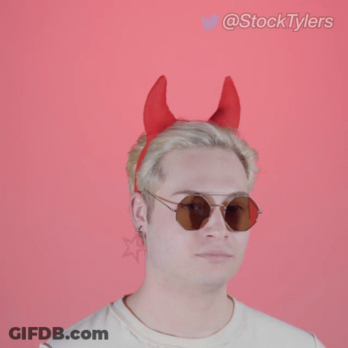 A Man Wearing Devil Horns And Sunglasses Says " Don T Still Here " GIF