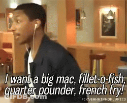 A Man Wearing Ear Buds Says I Want A Big Mac Fillet-O-Fish Quarter Pounder French Fry ! GIF