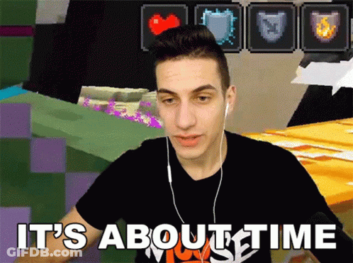 A Man Wearing Ear Buds Says " It 'S About Time " GIF