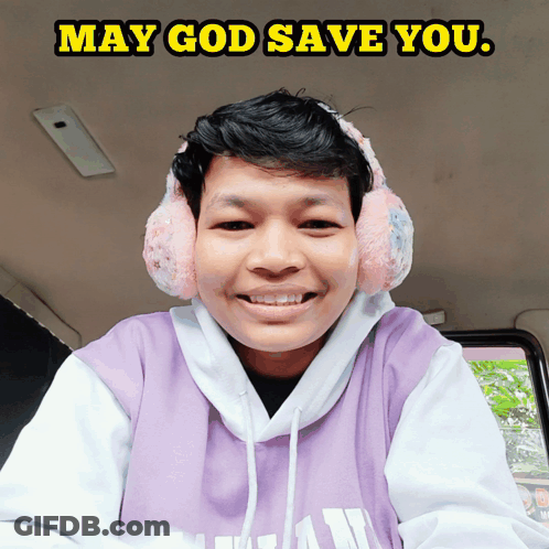 A Man Wearing Ear Muffs And A Purple Hoodie With The Words May God Save You Above Him GIF