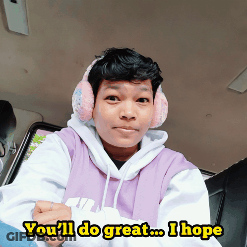 A Man Wearing Ear Muffs And A Purple Shirt Says You 'Ll Do Great I Hope GIF