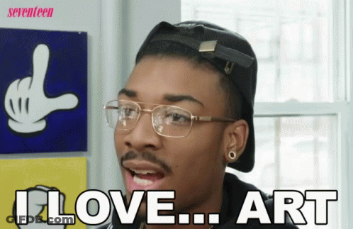 A Man Wearing Glasses And A Black Hat Says I Love Art GIF