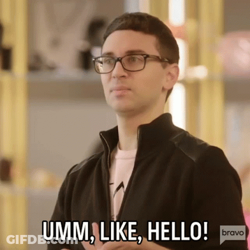 A Man Wearing Glasses And A Black Jacket Says " Umm Like Hello " GIF