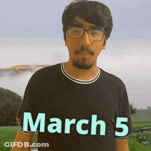 A Man Wearing Glasses And A Black Shirt Says March 5 GIF