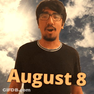 A Man Wearing Glasses And A Black Shirt Stands In Front Of A Cloudy Sky And Says August 8 GIF