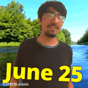 A Man Wearing Glasses And A Black Shirt Stands In Front Of A River And The Date June 25 GIF
