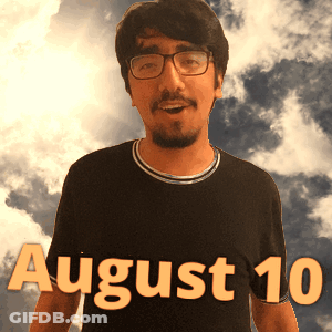 A Man Wearing Glasses And A Black Shirt That Says August 10 On It GIF
