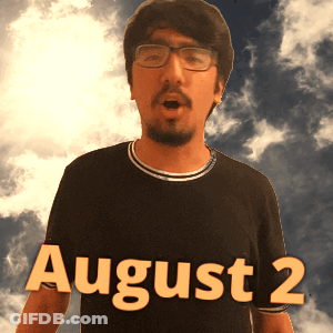 A Man Wearing Glasses And A Black Shirt That Says August 2 On It GIF
