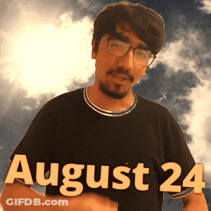 A Man Wearing Glasses And A Black Shirt That Says August 24 On It GIF