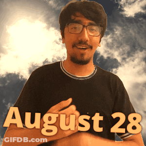 A Man Wearing Glasses And A Black Shirt That Says August 28 On It GIF