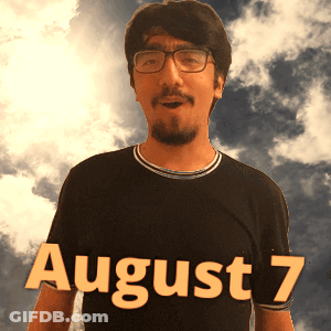 A Man Wearing Glasses And A Black Shirt That Says August 7 On It GIF