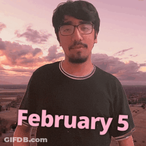 A Man Wearing Glasses And A Black Shirt With February 5 Written On It GIF