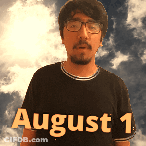 A Man Wearing Glasses And A Black Shirt With The Date August 1 On It GIF