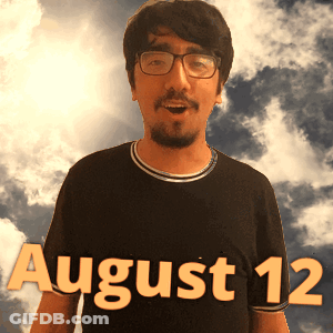 A Man Wearing Glasses And A Black Shirt With The Date August 12 On It GIF
