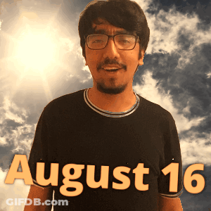 A Man Wearing Glasses And A Black Shirt With The Date August 16 On It GIF