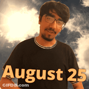 A Man Wearing Glasses And A Black Shirt With The Date August 25 GIF