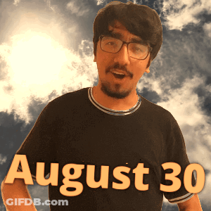 A Man Wearing Glasses And A Black Shirt With The Date August 30 On It GIF