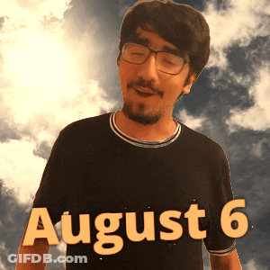 A Man Wearing Glasses And A Black Shirt With The Date August 6 On It GIF