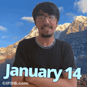 A Man Wearing Glasses And A Black Shirt With The Date January 14 On It GIF