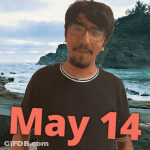A Man Wearing Glasses And A Black Shirt With The Date May 14 GIF