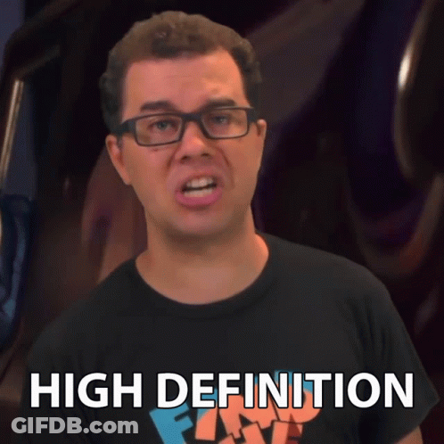A Man Wearing Glasses And A Black Shirt With The Word High Definition On It GIF