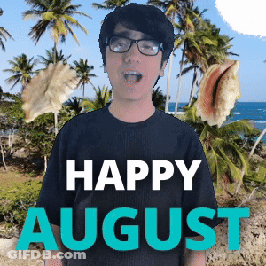 A Man Wearing Glasses And A Black Shirt With The Words Happy August Behind Him GIF