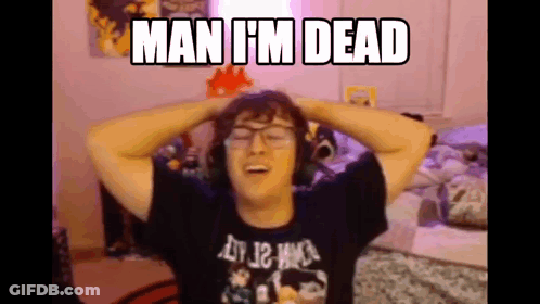 A Man Wearing Glasses And A Black Shirt With The Words Man I 'M Dead Written On It GIF