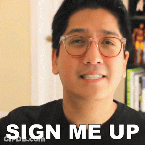 A Man Wearing Glasses And A Black Shirt With The Words Sign Me Up Behind Him GIF