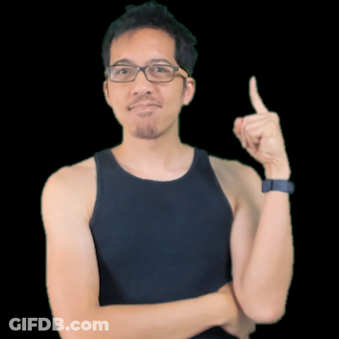 A Man Wearing Glasses And A Black Tank Top Is Pointing Upwards GIF