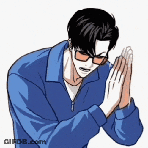 A Man Wearing Glasses And A Blue Jacket Is Praying With His Hands Folded . GIF