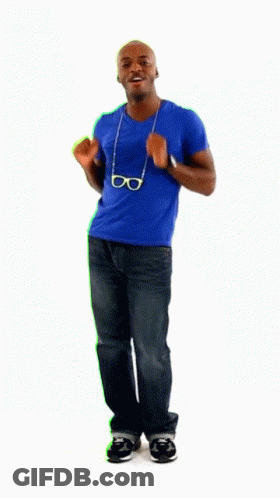 A Man Wearing Glasses And A Blue Shirt Is Dancing On A White Background GIF