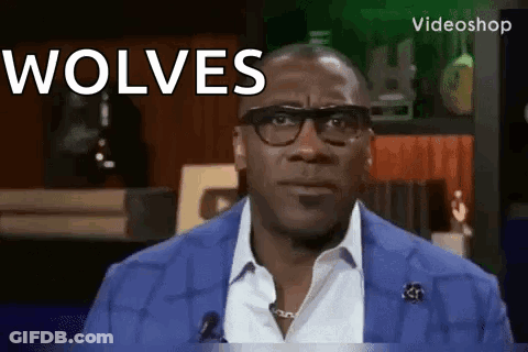 A Man Wearing Glasses And A Blue Suit Is Talking Into A Microphone And Says Wolves . GIF