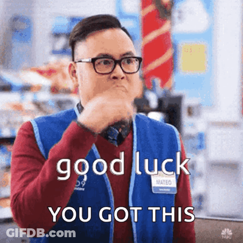 A Man Wearing Glasses And A Blue Vest Says Good Luck You Got This . GIF