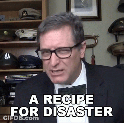 A Man Wearing Glasses And A Bow Tie Says " A Recipe For Disaster " GIF