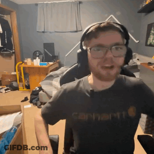 A Man Wearing Glasses And A Carhartt Shirt GIF