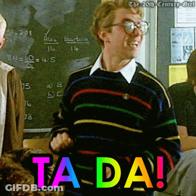 A Man Wearing Glasses And A Colorful Sweater Says Ta-Da! GIF