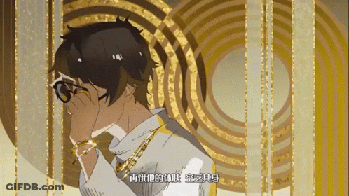 A Man Wearing Glasses And A Gold Chain Covering His Face With His Hand GIF