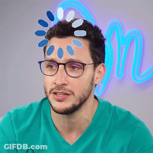 A Man Wearing Glasses And A Green Shirt Has A Loading Screen On His Forehead GIF