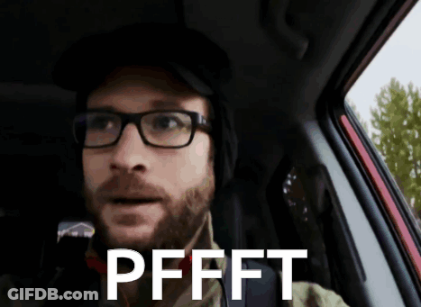 A Man Wearing Glasses And A Hat Is Sitting In A Car With The Words Pffft Written On His Face GIF