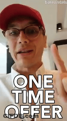 A Man Wearing Glasses And A Hat Says One Time Offer GIF