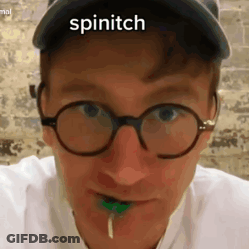 A Man Wearing Glasses And A Hat With The Word Spinitch On His Face GIF